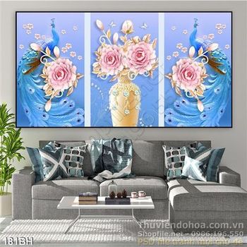 Tranh bình hoa mẫu đơn và chim công đẹp ấn tượng