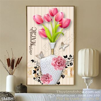 Tranh chậu hoa gốm sứ trắng và hoa tulip