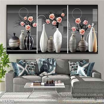 Tranh bình hoa nghệ thuật bộ 3 tấm trang trí phòng khách