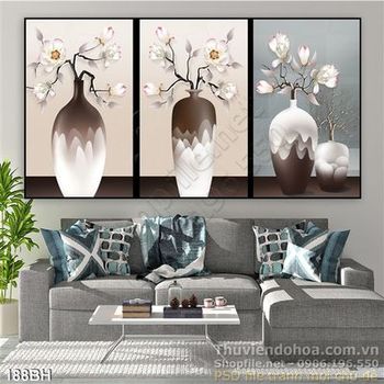 Tranh chậu hoa nghệ thuật bộ 3 tấm đẹp