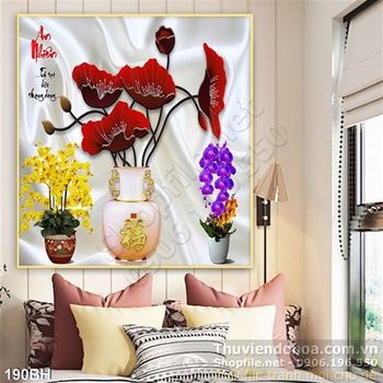 Tranh bình hoa lan và chữ thư pháp