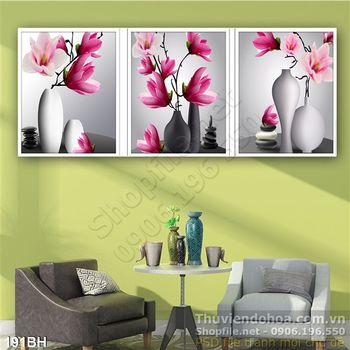 Tranh chậu hoa bộ 3 tấm treo tường