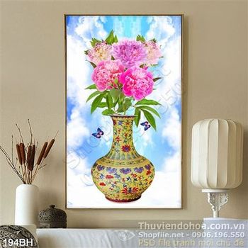 Tranh bình hoa gốm cổ hoa mẫu đơn in gạch