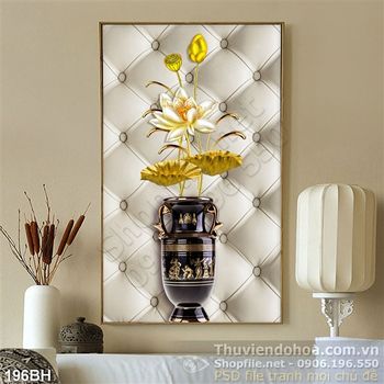 Tranh chậu hoa cổ màu nâu và hoa sen mạ vàng