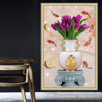 Tranh bình hoa giả ngọc hoa tím và cá koi