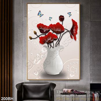 Tranh chậu hoa gốm trắng và hoa màu đỏ đẹp