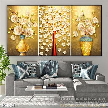 Tranh chậu hoa bộ 3 tấm treo tường mạ vàng 2020