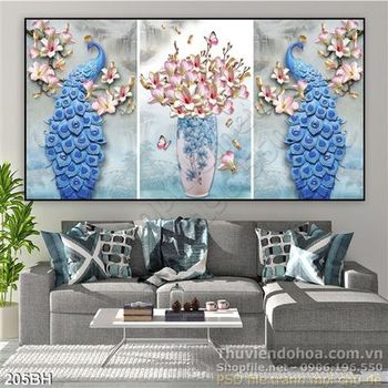 Tranh bình hoa bộ 3 tấm chim công treo phòng khách ấn tượng