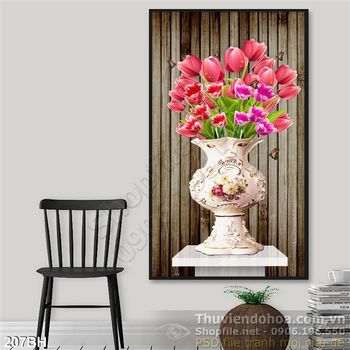 Tranh chậu hoa gốm sứ trắng và hoa tulip màu hồng