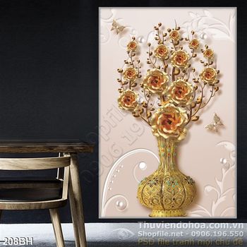 Tranh bình hoa mạ vàng lụa 3d wall canvas