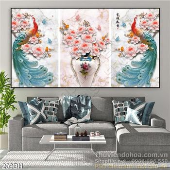 Tranh bình hoa phù điêu chim công ấn tượng