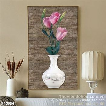 Tranh bình hoa gốm trắng và hoa màu hồng