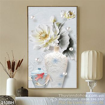 Tranh bình hoa  lụa 3d và hoa sen trắng
