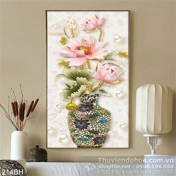 Tranh chậu hoa cỏ và hoa sen nổ in gạch men