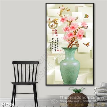 Tranh bình hoa gốm xanh  nền 3d ấn tượng