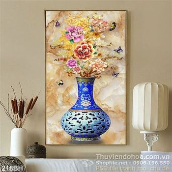 Tranh bình hoa gốm xanh dương và hoa mẫu đơn