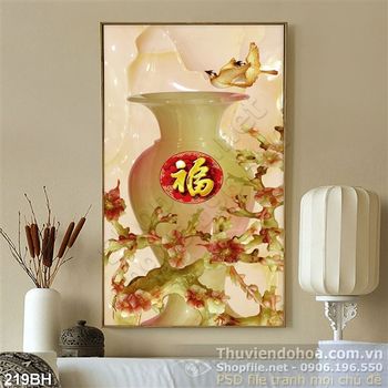 Tranh chậu hoa giả ngọc và chú chim nhỏ