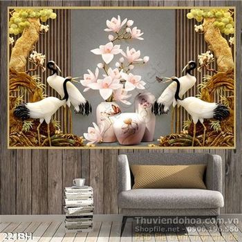 Tranh bình hoa nghệ thuật và chim hạc 3d wall