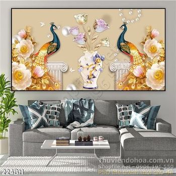 Tranh chậu hoa chim công rực rỡ khoe sắc
