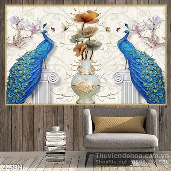 Tranh bình hoa giả ngọc và đôi chim công màu xanh