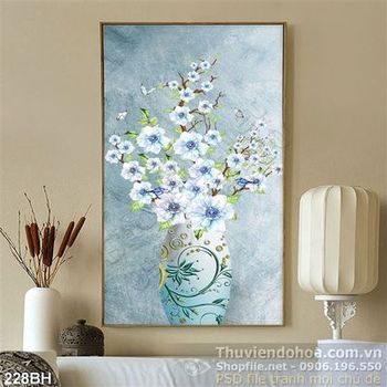 Tranh bình hoa nghệ thuật màu xanh ấn tượng 3d