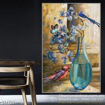 Tranh bình hoa sơn dầu chú chim uống nước