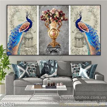 Tranh bình hoa chim công treo tường nghệ thuật psd