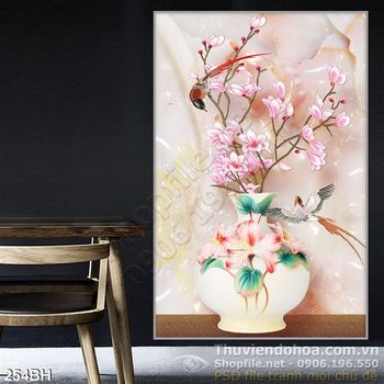 Tranh bình hoa giả ngọc và hoa đào nở wall