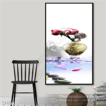 Tranh bình hoa khổ dọc cổ hoa sen