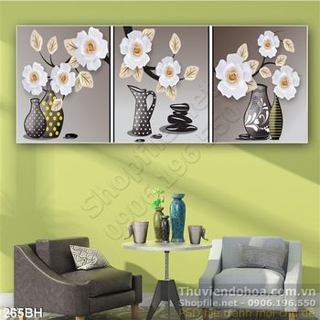 Tranh bình hoa nghệ thuật bộ 3 tấm hoa màu trắng