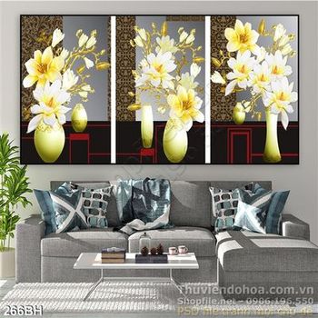 Tranh chậu hoa nghệ thuật màu vàng treo phòng khách ấn tượng
