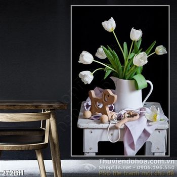 Tranh bình hoa trang trí màu trắng in gạch psd