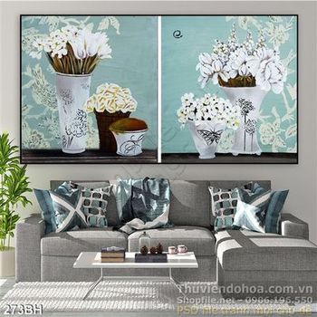 Tranh bình hoa  sơn dầu in gạch đẹp