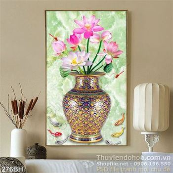Tranh bình hoa cổ và hoa sen psd in uv