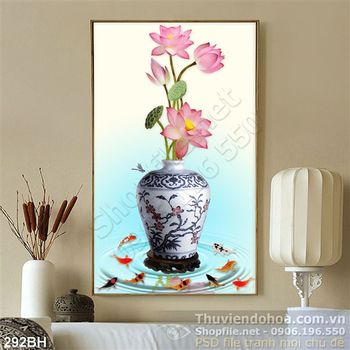 Tranh bình hoa lan gốm sứ và cá chép