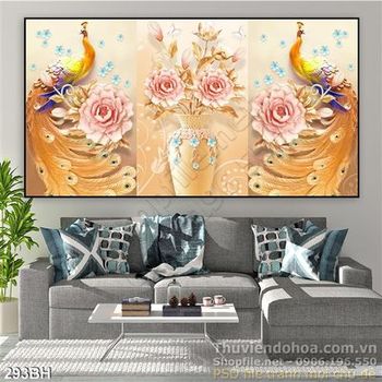 Tranh bình hoa treo tường chim công psd