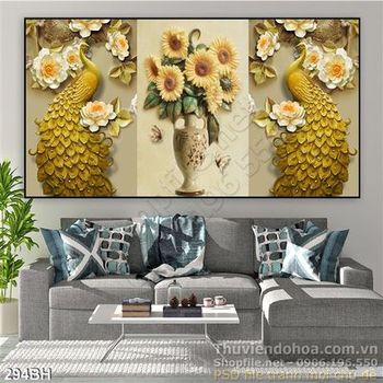 Tranh chậu hoa hướng dương và chim công