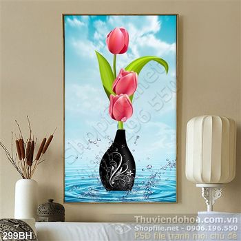 Tranh chậu hoa tulip và bầu trời