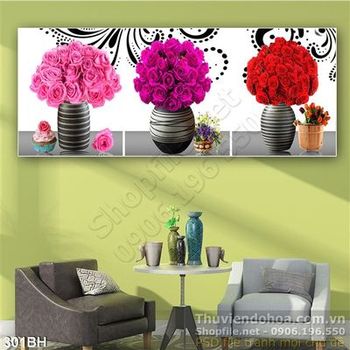 Tranh bình hoa hoa hồng wall 3d