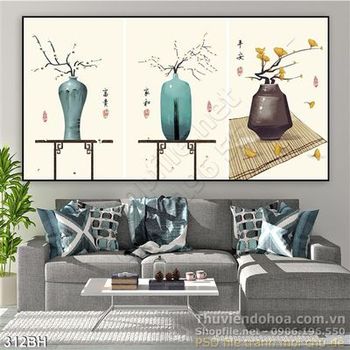 Tranh chậu hoa cổ thư pháp ấn tượng đẹp