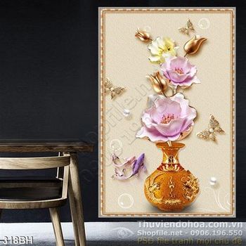 Tranh bình hoa mạ vàng treo tường psd nghệ thuật