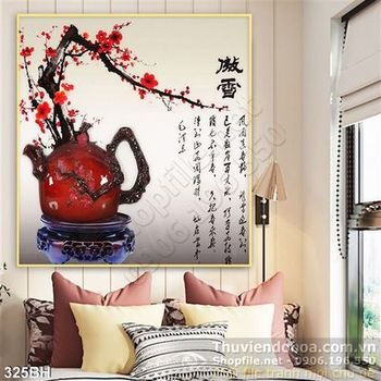 Tranh chậu hoa cổ và cành hoa đào nghệ thuật