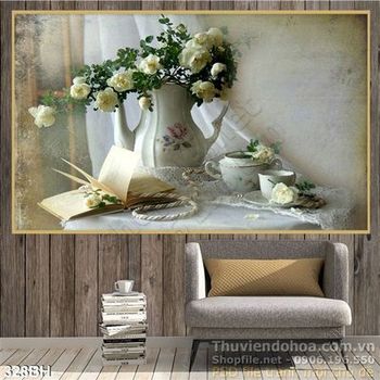 Tranh bình hoa nghệ thuật hoa hồng trắng