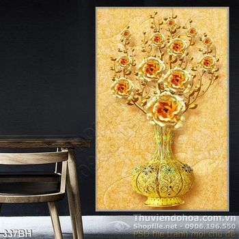 Tranh chậu hoa 3d wall mạ vàng hoa hồng