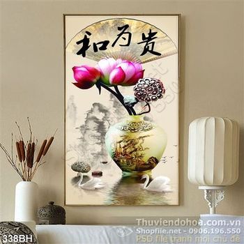 Tranh bình hoa cổ hoa sen và thiên nga