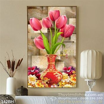 Tranh bình hoa cổ màu đỏ và hoa tulip