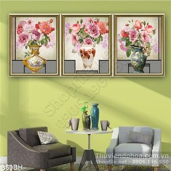 Tranh chậu hoa bộ 3 tấm treo tường