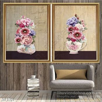 Tranh bình hoa sơn dầu bộ 2 tấm