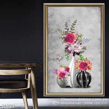 Tranh bình hoa nghệ thuật gốm sứ psd