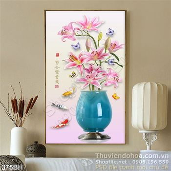 Tranh bình hoa khổ dọc màu xanh ngọc
